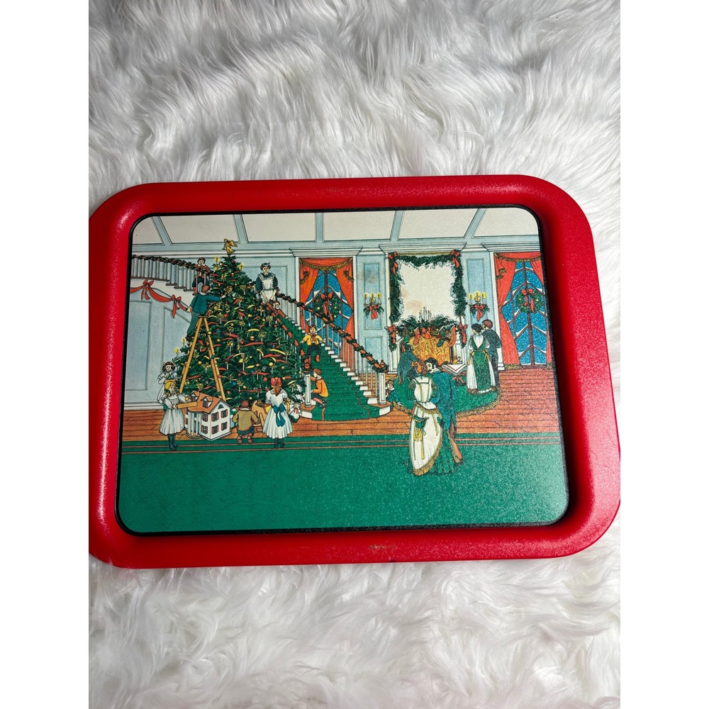 Potpourri Press Christmas Serving Tray Unisex Red Victorian Scene Metal Vintage